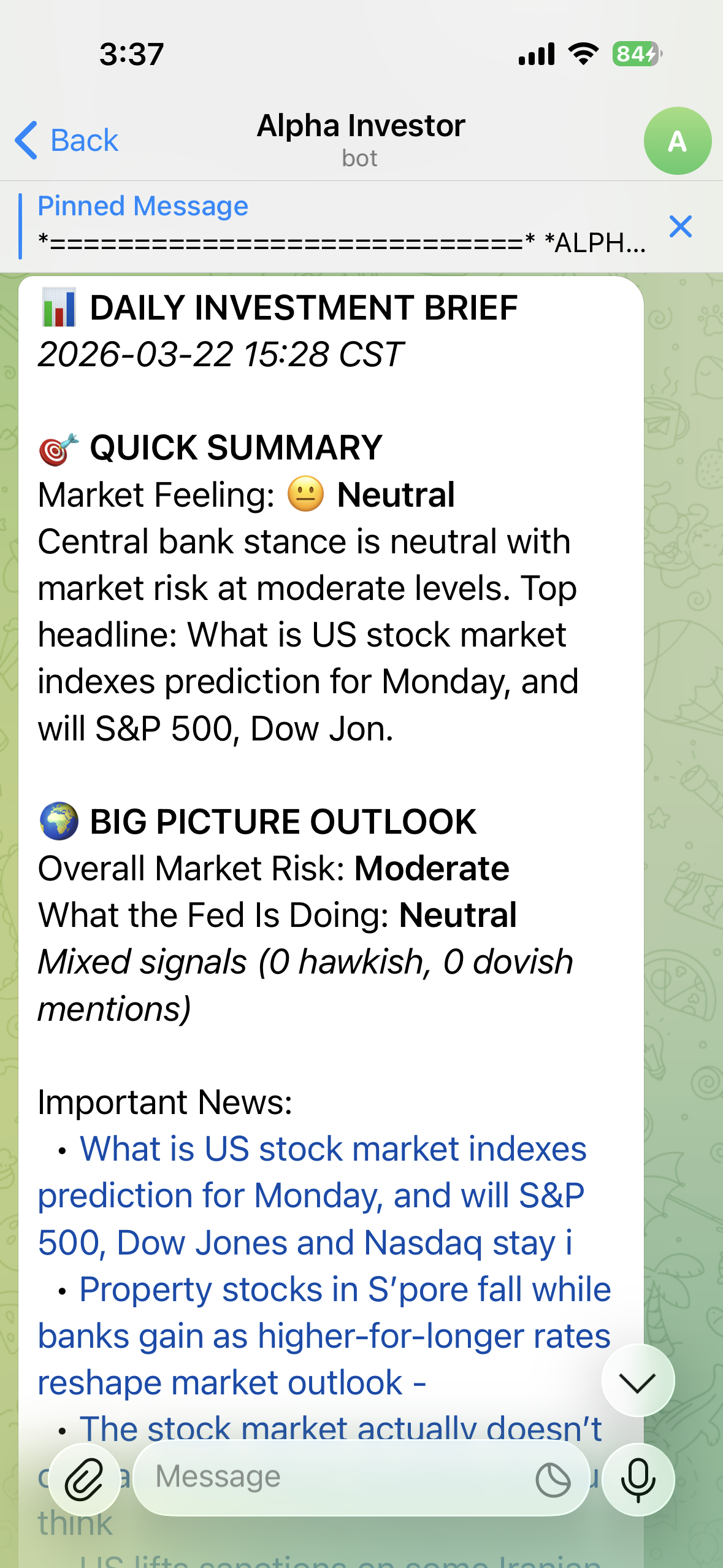 Bot screenshot: daily macro outlook and Fed sentiment