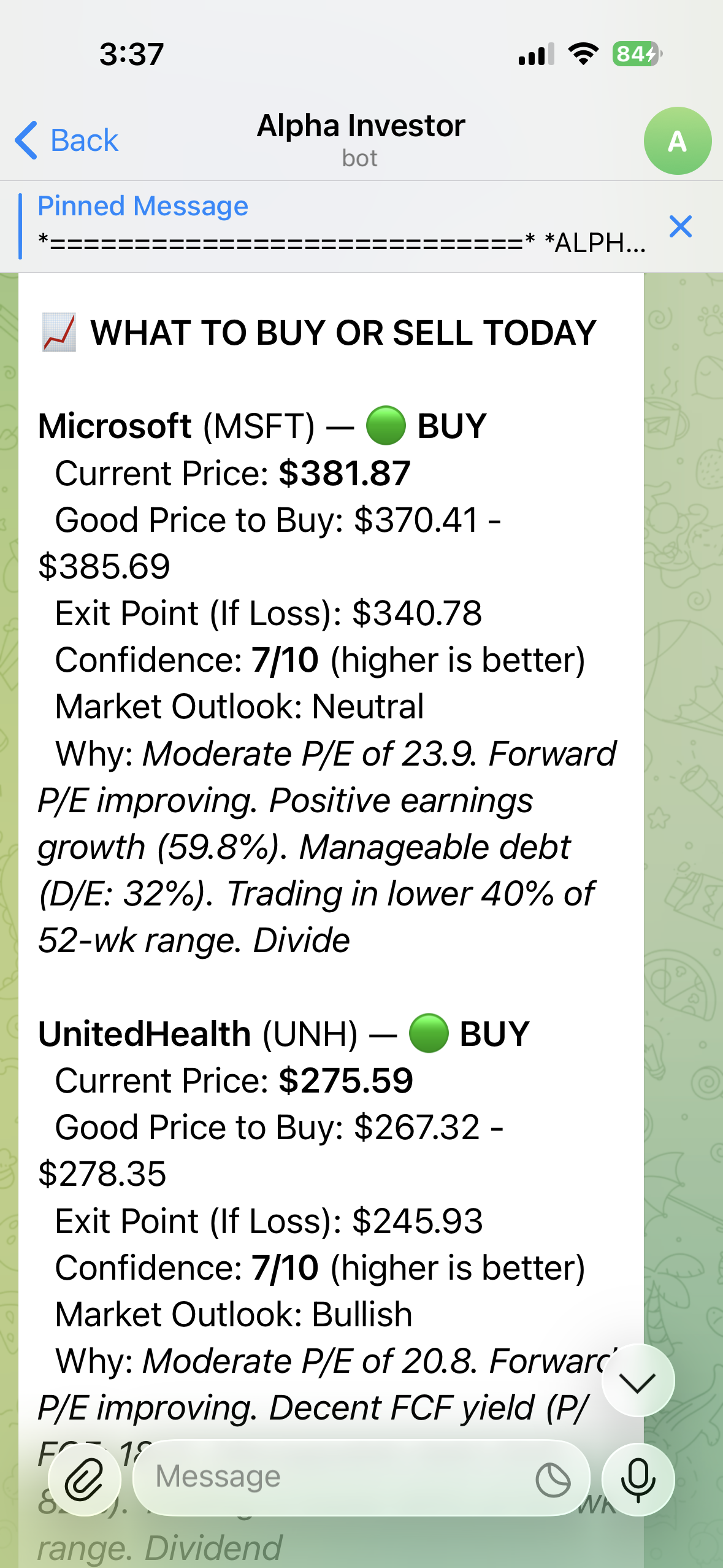 Bot screenshot: stock picks and portfolio performance